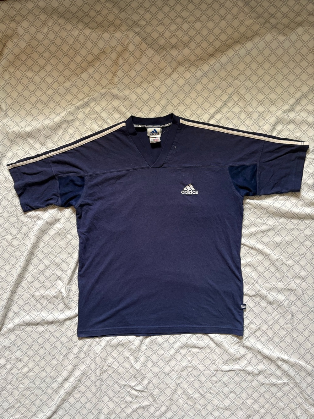 Vintage adidas Men's Navy Blue V-Neck Sport Tee